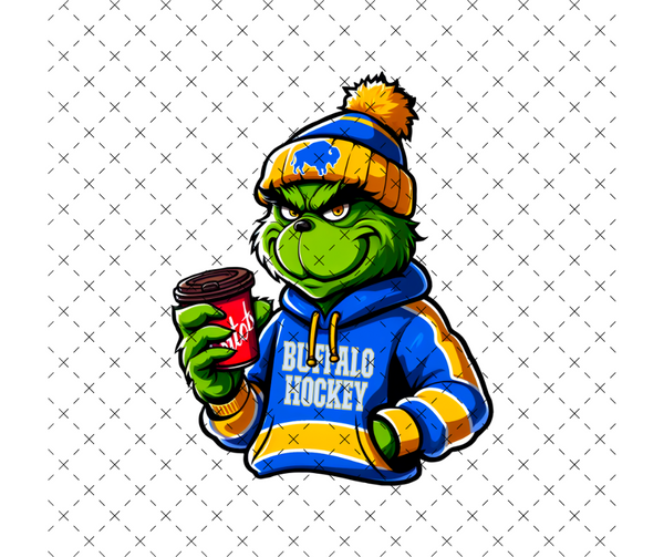 Green guy with Coffee Christmas Buffalo Hockey DTF Print