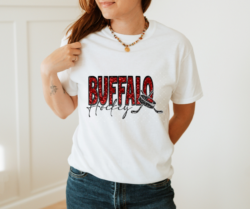 Buffalo Red and Black Hockey Exclusive Sequin DTF Print