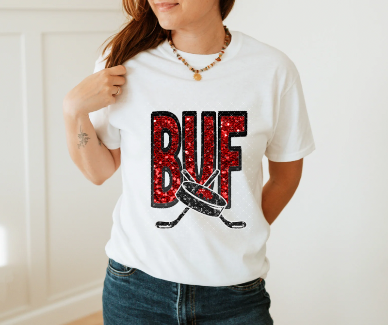 BUF Hockey Red and Black Sequin T shirt